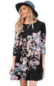 BY220099-102 Dark Floral Long Sleeve A-Line Tunic Dress